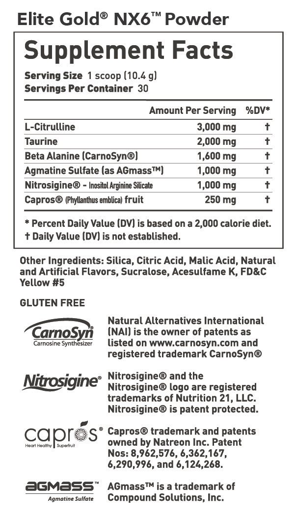 Elite Gold Nitric Oxide Powder NX6 - Nutrition Facts Elite Gold Nitric Oxide Powder NX6 -Nutrition Facts