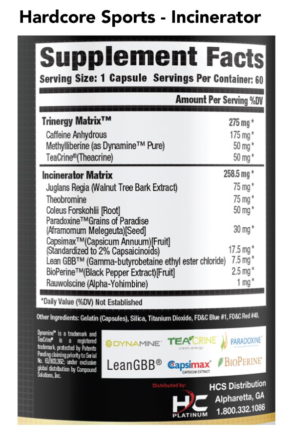 Hardcore Sports Incinerator - Nutrition Facts Hardcore Sports Incinerator -Nutrition Facts