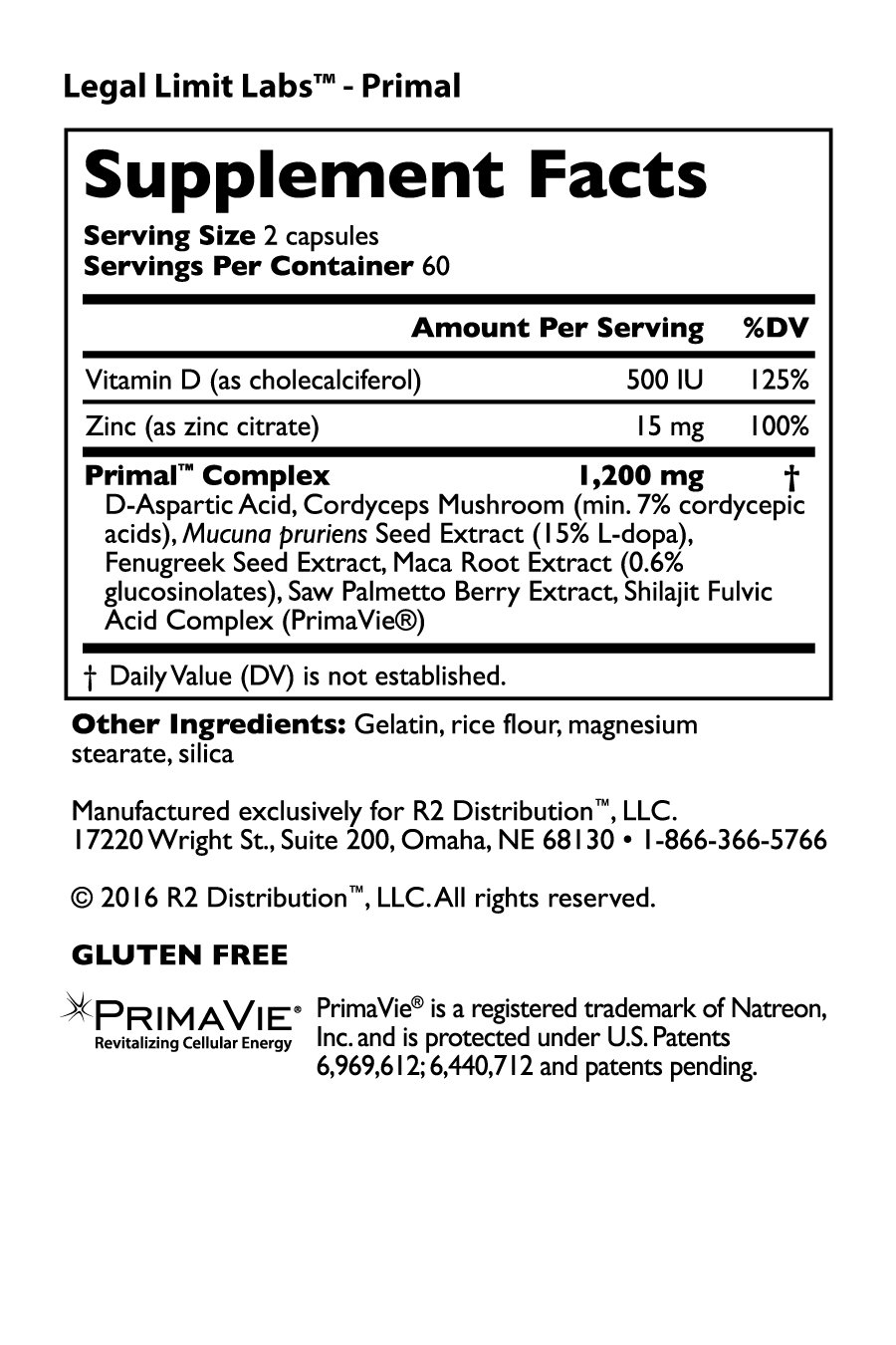 Legal Limit Labs Primal - Nutrition Facts Legal Limit Labs Primal -Nutrition Facts