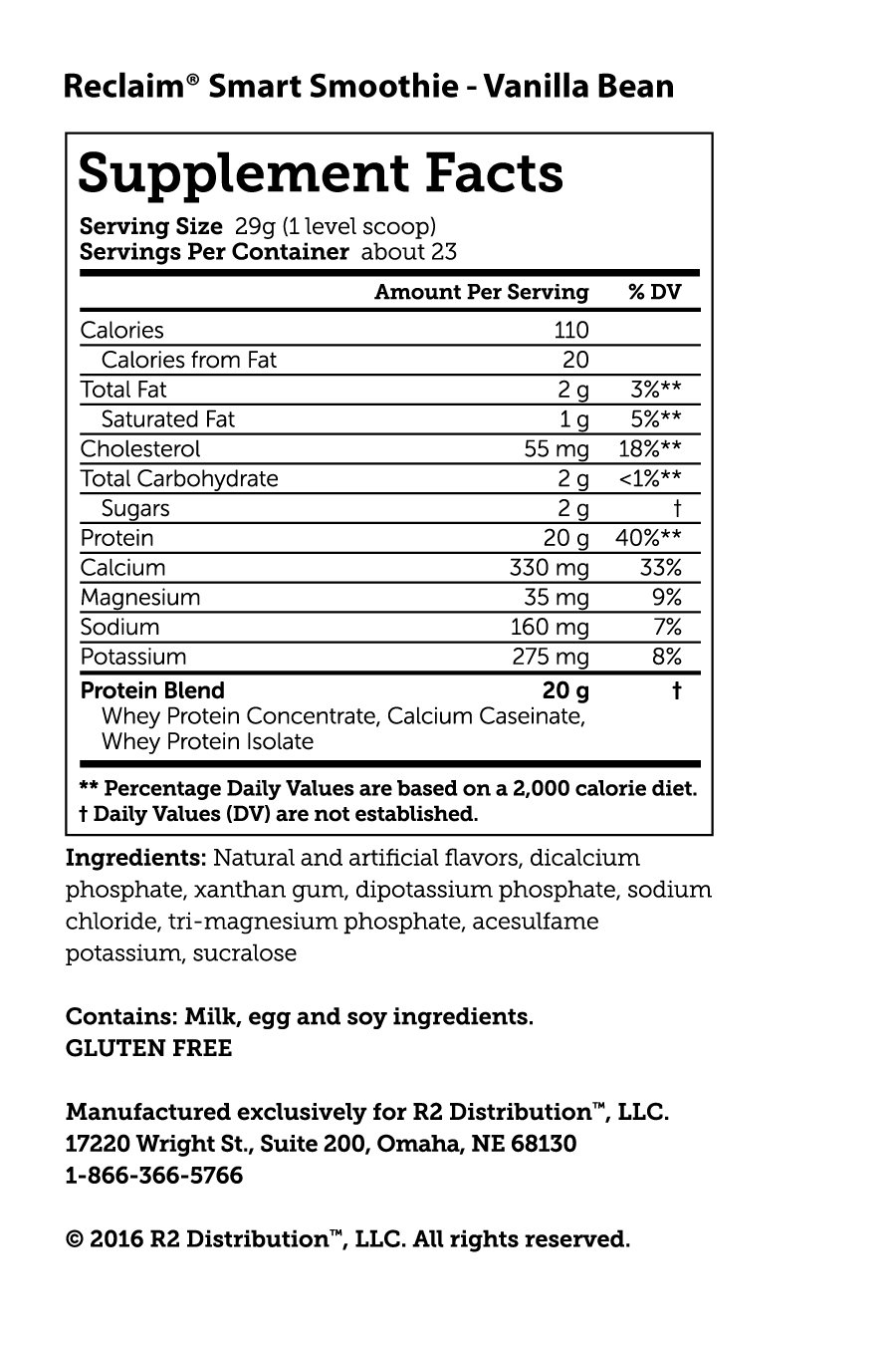 Reclaim Smart Smoothie - Nutrition Facts Reclaim Smart Smoothie -Nutrition Facts